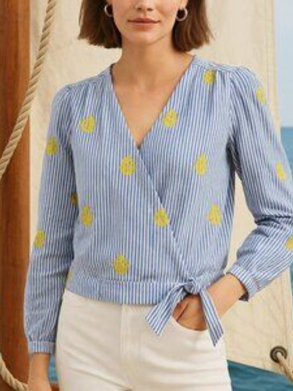 J.Crew Cotton Wrap Top Blue Stripe Embroidered Pineapple Size Small